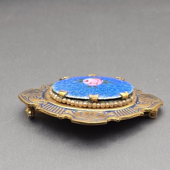 VTG Blue Guilloche Enamel w/ Pink Cabbage Rose Floral Pin Brooch 1.75" Gold Tone - Picture 5 of 6